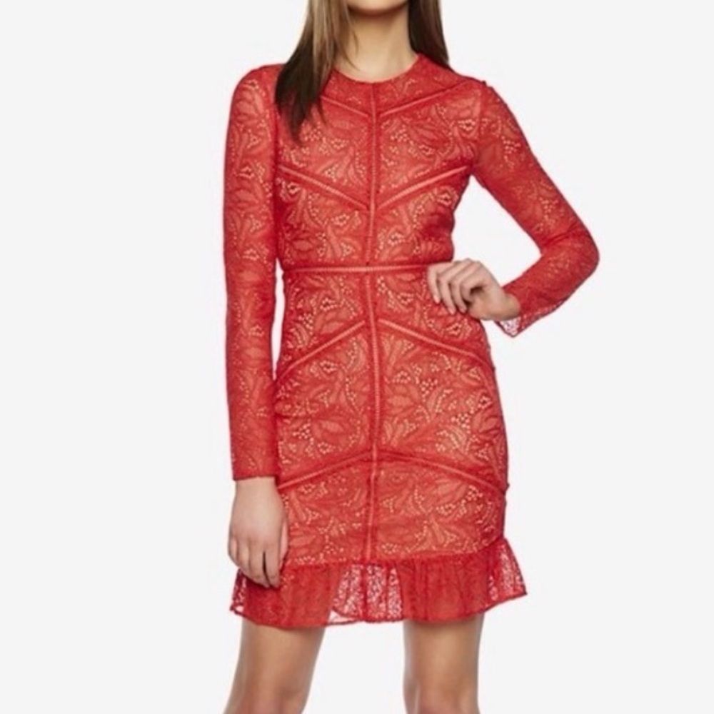 Bardot Sasha Red Lace Long Sleeve Dress Sz 8